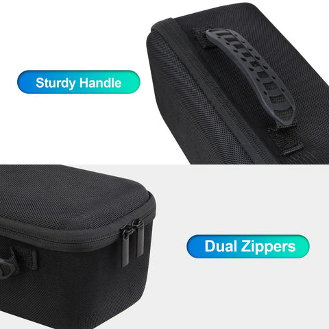 Close-up of black rugged carrying case for Wingman HD GPS speaker with sturdy handle and dual zippers, portable golf GPS travel case.