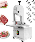 Heavy Duty 2500W Electric Meat Band Saw Commercial Bone Cutting Heavy Hitter With Adjustable Stainless Steel Tabletop, showing meat cuts and accessories.