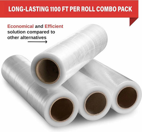 Top Shelf 18 Inch Stretch Wrap 80 Gauge Clear Plastic Film 4 Pack Bulk Rolls for heavy moving furniture wrapping, showing rolls.