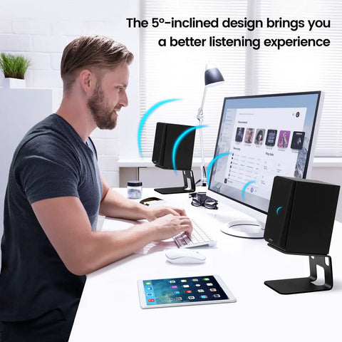 Desktop Speaker Stands With Vibration Absorption Pads, Heavy Duty Pair Supports Up To 40lbs, Tilt 5 Degrees For Crisper Amplified Sound