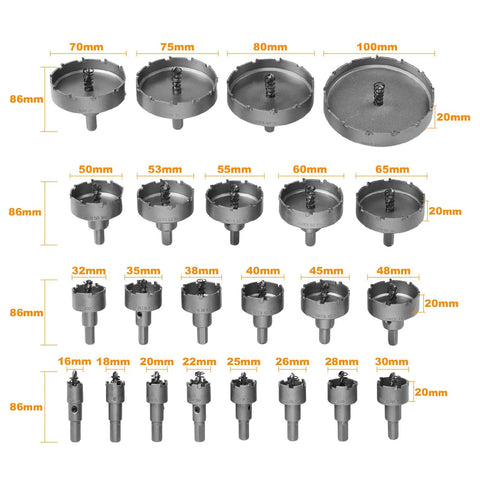 Pro Grade 23 Piece Carbide Hole Saw Kit With Pilot Bits From 5/8 to 4 Inch Set arranged by size showing cutting diameter