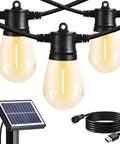 Outdoor Solar String Lights 48ft USB Rechargeable Patio Lights For Yard Porch Garden Pool And Party Waterproof And Shatterproof Bulbs For Camping Perfect For Backyards Parties And Outdoor Adventures, showing black string with solar panel and USB cable, close-up view.