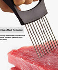 Onion Holder Slicer And Multifunction Kitchen Cutter used on raw meat to show its tenderizing capability and stainless steel design