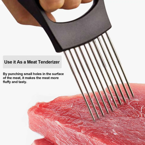 Onion Holder Slicer And Multifunction Kitchen Cutter used on raw meat to show its tenderizing capability and stainless steel design
