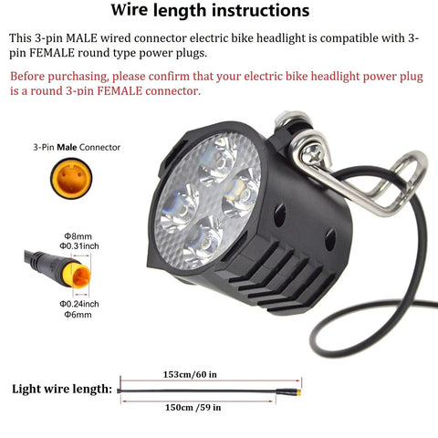 Ultra Bright 12W Ebike Front Light With Horn Waterproof 3 Pin Connector 300 Lux High Output Headlight For 36V And 48V Mountain Bikes Or E Scooters Night Ride Safety Upgrade With Lit Performance