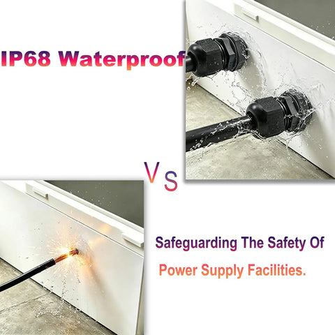 Waterproof 40 Pack Half Inch Cable Glands showing water resistance in outdoor enclosure installation and comparison test.