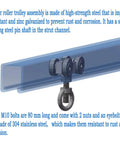 Four Wheel Silent Bearing Trolley Assembly For One And Five Eighths Wide Unistrut Strut Channel with M10 Bolt and Eyebolt