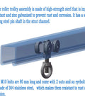 Four Bearing Trolley Assembly With Four Silent Wheels For 1-5/8 Inch Wide And Taller Unistrut Channel, Includes M10 Bolt And Lifting Eye Nuts, Heavy-Duty Galvanized Carbon Steel Construction For Smooth Silent Operation.