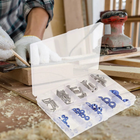 Alloy Countersunk Washer Kit With Handy Storage Box, arranged on a woodworking table with tools in the background.