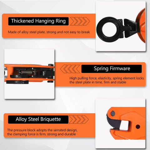 Heavy Duty Vertical Plate Lifting Clamp Built Like A Tank For Serious Sheet Metal Work Featuring A Badass Carbon Steel Jaw, close-up of hanging ring and spring firmware.