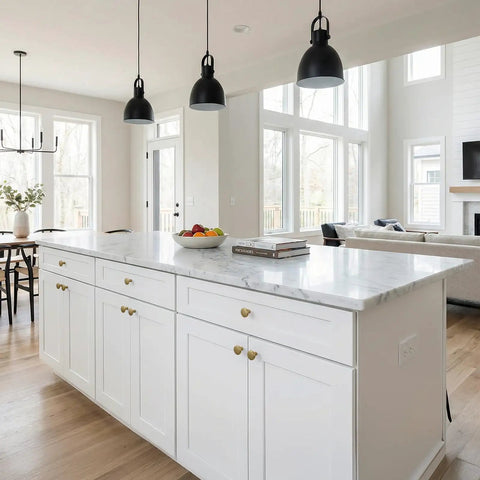 Modern kitchen featuring 40 pack one and one quarter inch mushroom cabinet knobs in champagne bronze zinc alloy on white cabinets