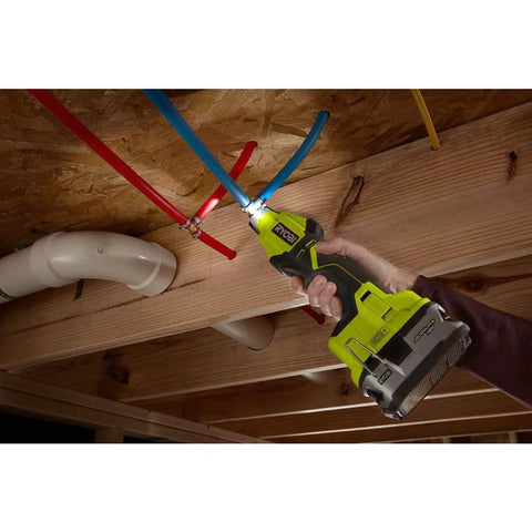 Hand using 18V Cordless Pex Tubing Clamp Tool Only For Fast Pipe Securing, Workhorse Pro Grade Clamp System on ceiling pipes