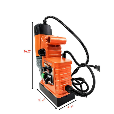 High Octane Magnetic Drill Press With Variable Speed 1400W Heavy Hitter For Rigid Metals Portable 2 Inch Bore Tool side view with dimensions