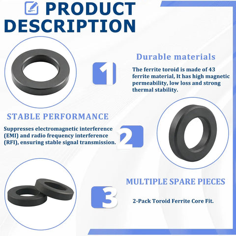 Two Pack FT240-43 Ferrite Toroidal Core For EMI And RFI Suppression shown with durability and performance features.