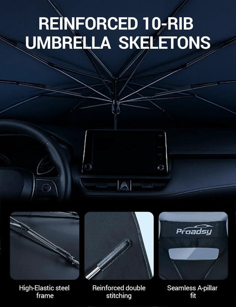 Custom Fit Windshield Sun Shade Umbrella For Honda Odyssey 2018 Through 2026 Lx Ex Ex L Touring Elite Minivan showing reinforced 10-rib skeleton.