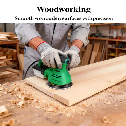 Person using green orbital sander with Dustless Sanding Discs Set 50 Pcs 5 Inch 8 Hole Round Sandpaper for wood polishing.