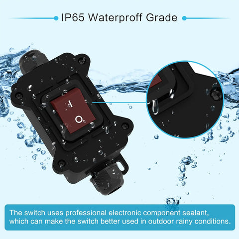IP65 Waterproof Inline Power Switch 125 To 250V 30A 4 Pin 2 Position On Off Outdoor Toggle Rocker Button For DIY Rigs With UL TUV CE Certificates Dual Entry Exit Line, black switch in water