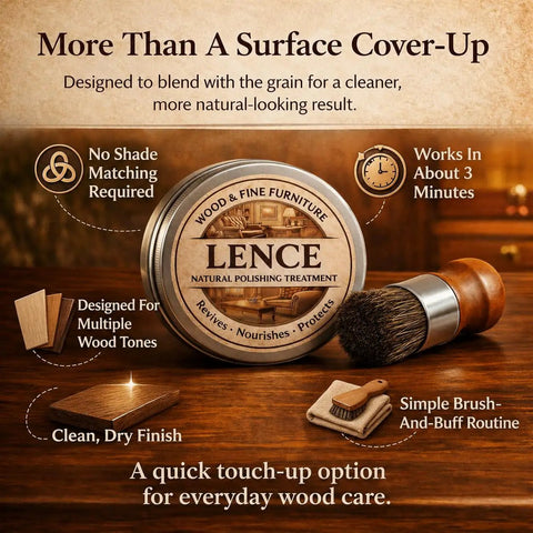 Killer Wood Scratch Repair Balm And Furniture Polish For Finished Countertops No Color Matching Needed Hella Slick Protective Sealant And Zero Hassle Home Care Essential in a tin with a brush on wood background.