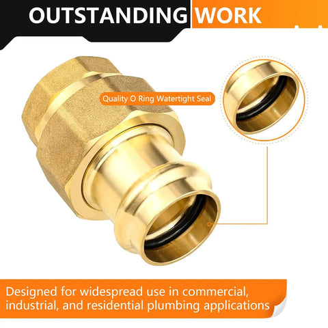 Close-up of 10 Pack Lead Free Brass Union Couplings 2 Inch Copper Press To Female Npt Pipe Connectors with watertight seal.