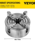 Close-up of 4 Jaw Lathe Chuck 125mm Independent Reversible Jaw For Metal Turning with Vevor branding and size specifications.