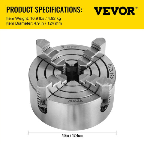 Close-up of 4 Jaw Lathe Chuck 125mm Independent Reversible Jaw For Metal Turning with Vevor branding and size specifications.