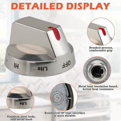 Stove Knob Replacement Kit 5 Pack For Gas Range Oven Cooktop Controls Easy Grip Durable Replacement Knobs stainless detail