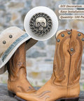 Top Shelf Badass Metal Skull Buttons And Screw Back Rivets For Leather Crafting 100 Pc bulk set on cowboy boots and hat.