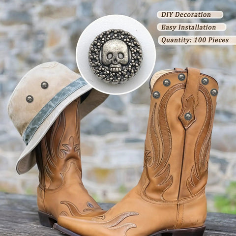 Top Shelf Badass Metal Skull Buttons And Screw Back Rivets For Leather Crafting 100 Pc bulk set on cowboy boots and hat.