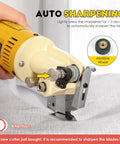Close-up of Heavy Duty Electric Rotary Fabric Carpet Cutter With 70mm Octagonal Blade's auto sharpening feature on abrasive wheel.