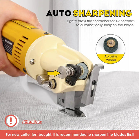 Close-up of Heavy Duty Electric Rotary Fabric Carpet Cutter With 70mm Octagonal Blade's auto sharpening feature on abrasive wheel.