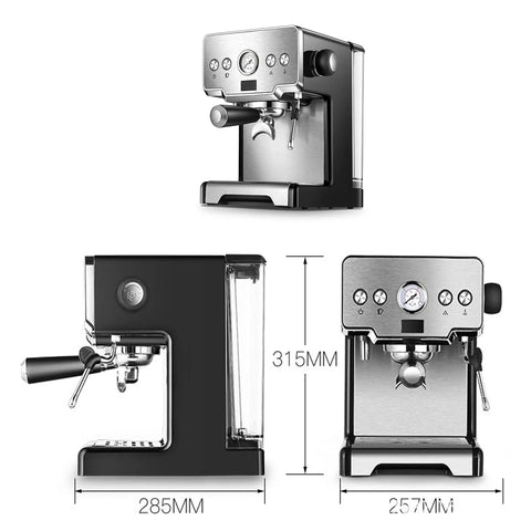 No Sweat 1450W Bean To Cup Espresso Coffee Machine With Strong 15 Bar Pump side and front views with dimensions.