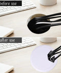 Before and after showing Two Pack White Desk Cable Grommets Sixty Millimeter Abs Plastic Cord Hole Inserts in use.