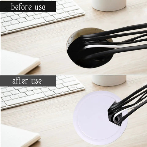Before and after showing Two Pack White Desk Cable Grommets Sixty Millimeter Abs Plastic Cord Hole Inserts in use.
