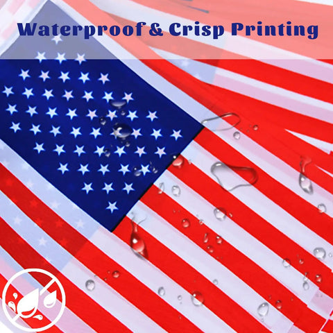 Close-up of Patriotic String Flags Banner Set For Memorial Day and Fourth of July, 65 Feet US Flag Garlands showing waterproof design.