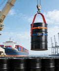 Shop Floor Ready Heavy Duty Fifty Five Gallon Drum Lifting Sling With Twin Adjustable Ratchet Straps in use at port.
