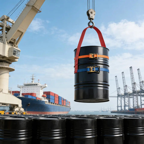 Shop Floor Ready Heavy Duty Fifty Five Gallon Drum Lifting Sling With Twin Adjustable Ratchet Straps in use at port.