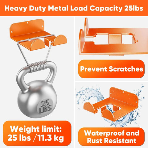 Heavy Duty Metal Weedeater Hanger Wall Mount For Garage Storage Two Pack Space Saving Weed Eater Holder Garden Tool Rack With Easy Install Holds Up To Twenty Five Pounds; shown with 25 lb weight capacity, waterproof coating.