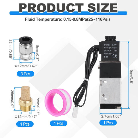 One Eighth Inch Pneumatic Valve 12V DC 3 Way 2 Position Electric Air Solenoid Valve With Manual Control, parts and dimensions