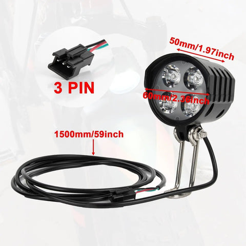 Three Pin Ebike Headlight With Horn For Night Riding, 12W Output, 4000 Lumens From Four LEDs, Universal Bike Light Fits 36V To 72V E Bikes, Durable Aluminum Housing, Waterproof, Road Or Trail Safe Illumination