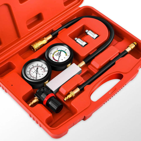 Front view: DNA Motoring TU-21 cylinder leak-down tester kit in red case with dual pressure gauges and hoses