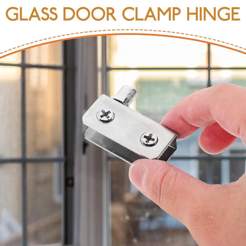 Close-up of stainless steel glass door hinge, 5 to 7mm thick, held in hand, suitable for shower doors and display cabinets