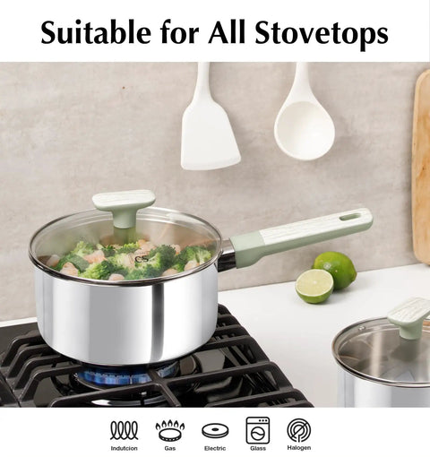 Heavy Duty 2 Quart Stainless Steel Saucepan With Lid 18 10 Cookware Pot Featuring Stay Cool Handles cooking with broccoli.