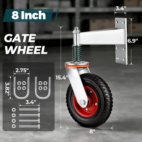 Built Tough Eight Inch Heavy Duty Fence Gate Wheels Featuring Spring Loaded Pivoting Rollers And Premium Double Ball Bearings For Smooth Rural Ranch Property Movements, gate wheel with dimensions.