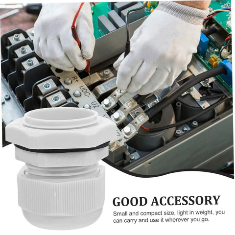 Close-up of Weatherproof M32 Cable Gland Connector Set 10 Pack With Rotating Threaded Locking Heads for electrical wiring use.