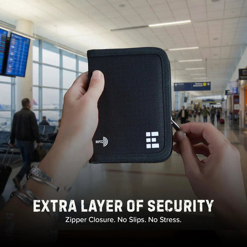 RFID Blocking Passport Holder And Travel Wallet Zippered Compact Organizer in hand at airport