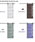 Four 72 Inch Double Sliding Barn Doors With Shelf Style in original, brown, green, and purple on display; 84 Inch Tall Primed MDF Build