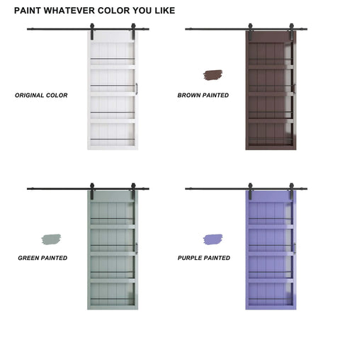 Sliding Barn Door With Shelf Style 48x84 Inches Primed MDF Includes 8ft Hardware Kit For Easy Mount Farmhouse Look You Can Paint DIY Ready Assembly Required shown in original, brown, green, and purple colors.