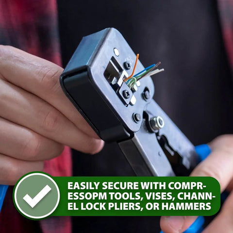 Person holding Aluminum Cable Crimp Sleeves with Double Barrel Ferrules M12 Crimping Loops tool
