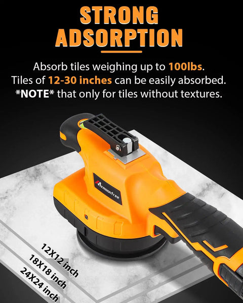 Ultra Lightweight Tile Vibration Tool With Suction Cup 2.3 Lb Workhorse shown on marble tile, demonstrating strong adsorption.