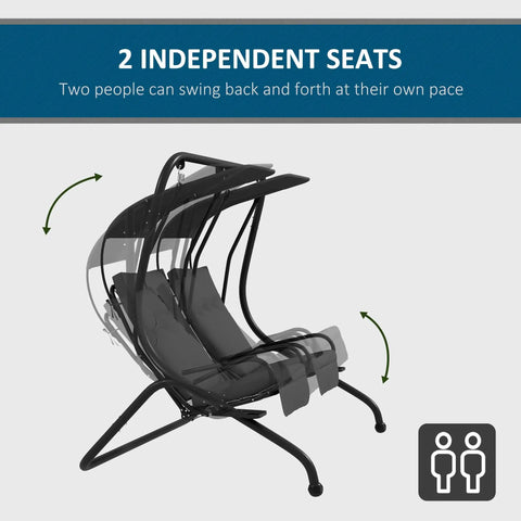 Two Seat Patio Swing Chair With Removable Canopy And Cup Holders For Porch, Garden, Poolside, And Backyard Gray Outdoor Swing with two swinging seats
